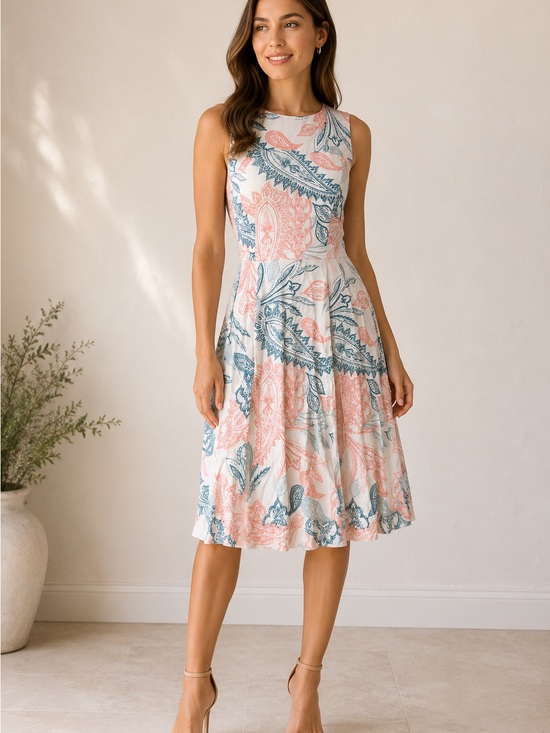Shoshanna Dresses & Skirts - Shoshanna Silk Paisley Print Pleated Coral Blue Ivory Midi Dress size 6